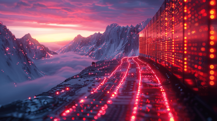 Abstract illustration of mining in the mountains as metaphor for crypto mining