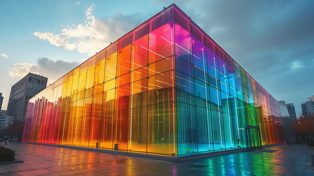 building in bright rainbow colors