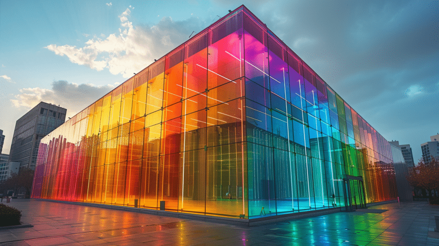 building in bright rainbow colors