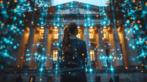 Woman looking at a financial institution as a metaphor for digital assets TOM: How financial institutions embed digital assets in their organisation